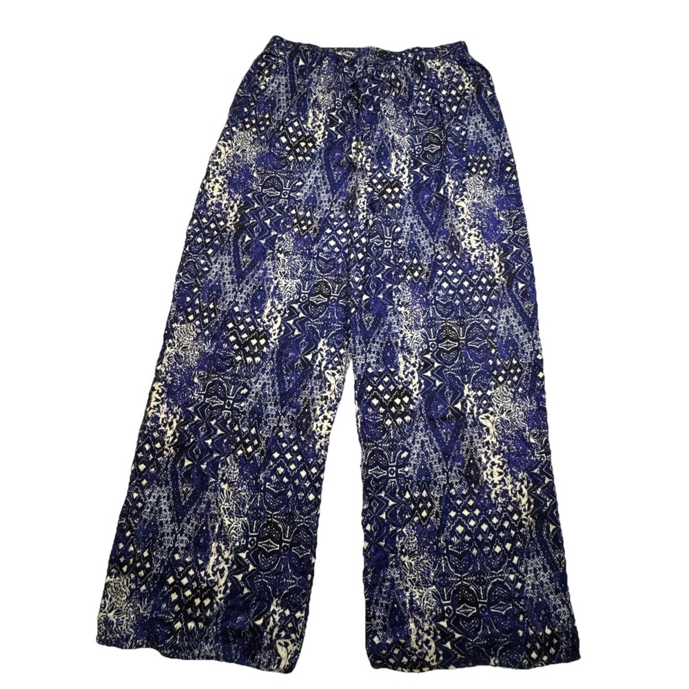 Love Wish Blue Geometric Medallion Wide Leg Rayon Drawstring Pants XL PW2118
